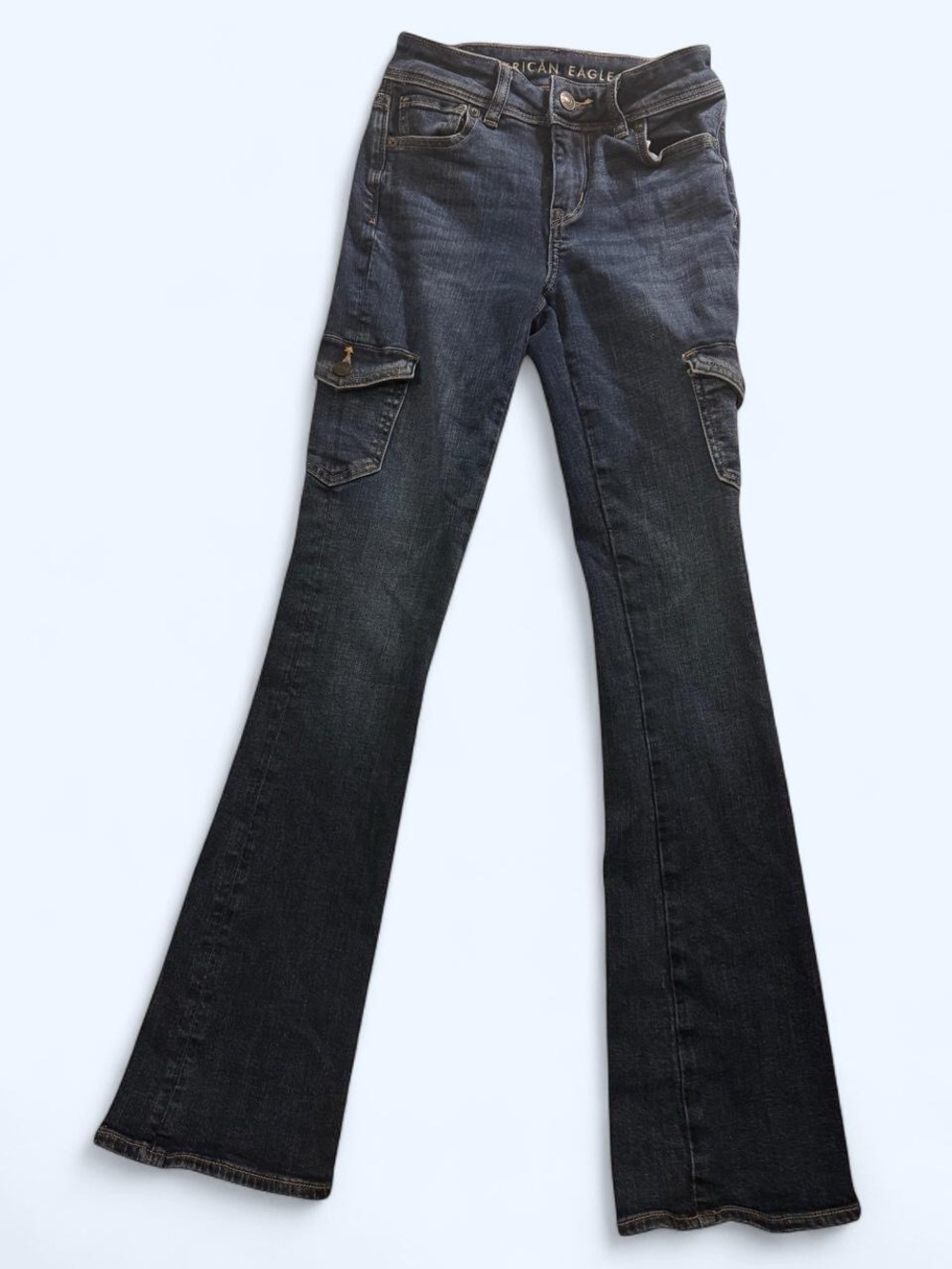 American Eagle Y2K Cargo Kick Boot Flare Jeans 000 - Picture 3 of 7
